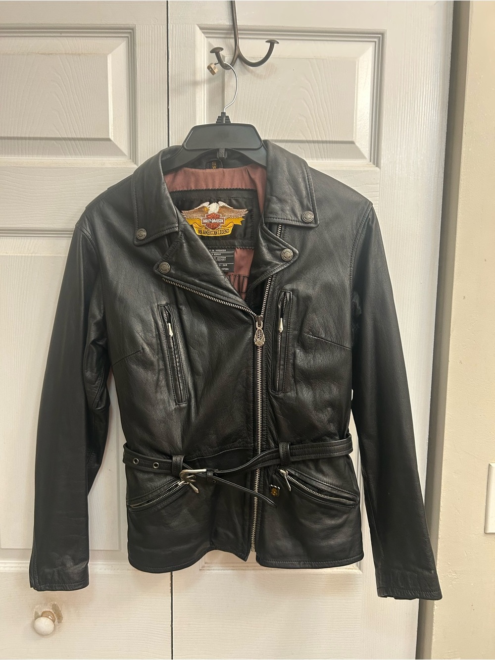 Harley-Davidson Black Leather Bomber Jacket with Belt
